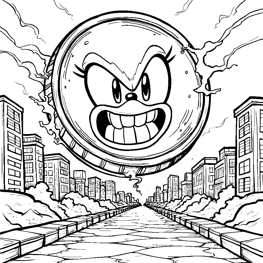 Dr. Eggman's face on a giant coin, spinning around in mid-air