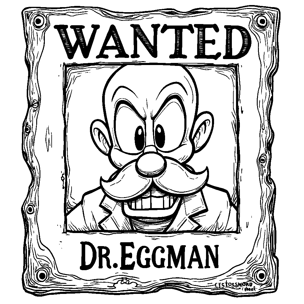 Dr. Eggman's face on a wanted poster with a 'Wanted' sign