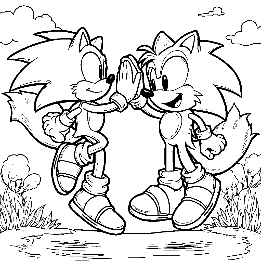 Sonic and Tails high-fiving each other in mid-air