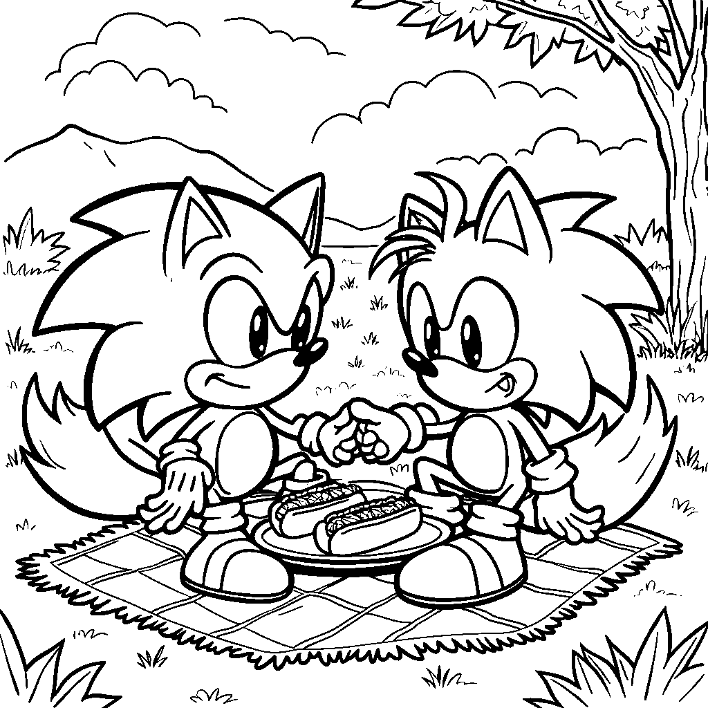 Sonic and Tails sharing a plate of chili dogs at a picnic