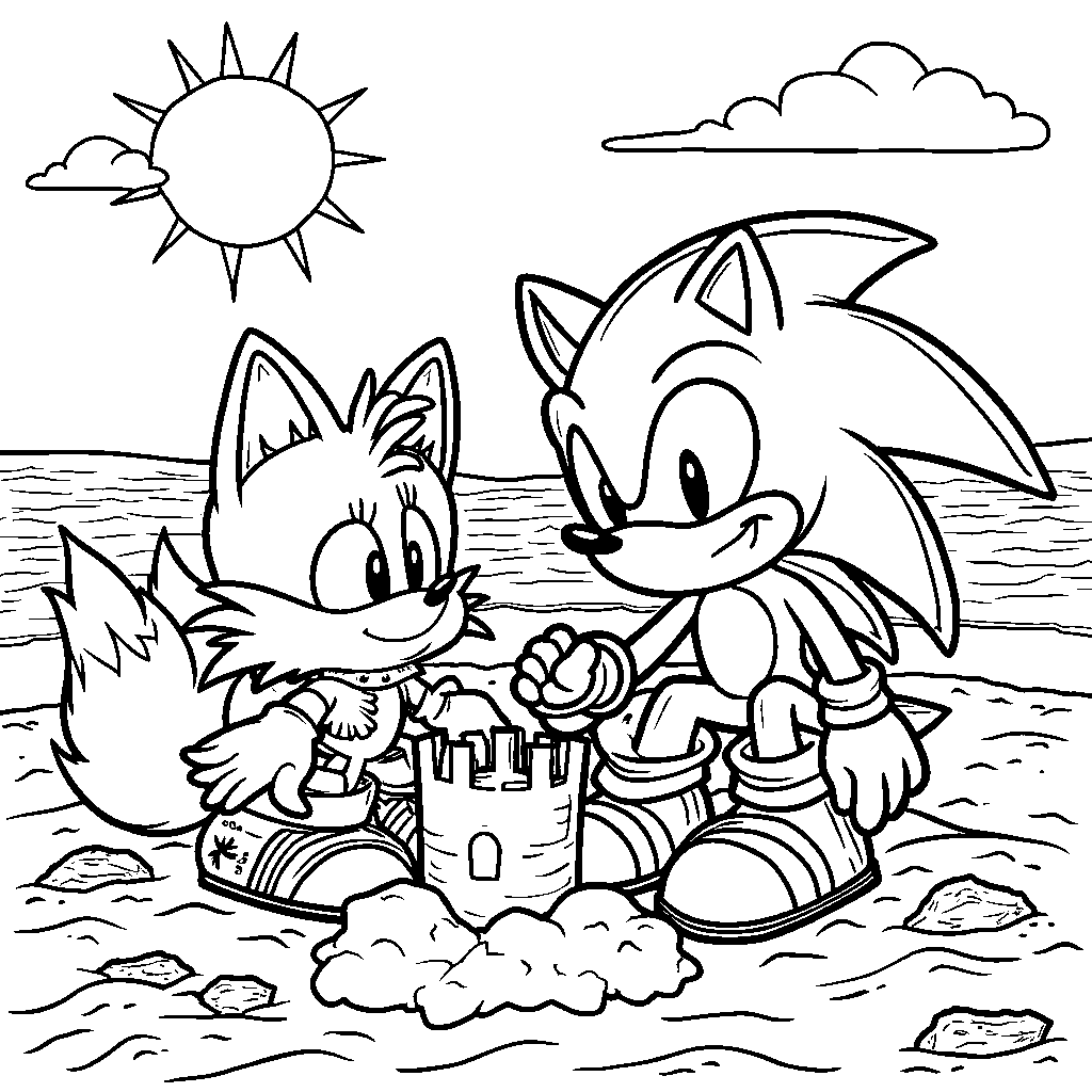 Sonic and Tails sitting on a beach, building sandcastles