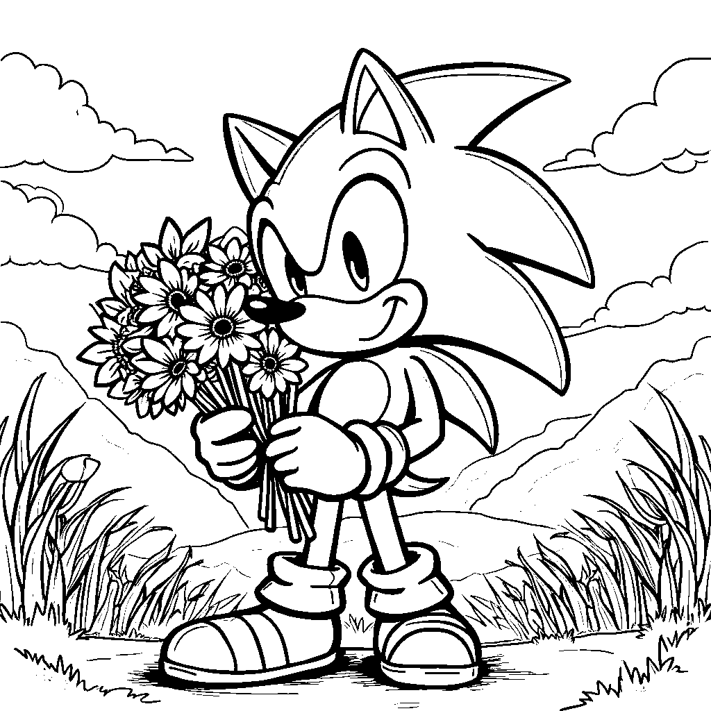 Sonic holding a bouquet of flowers in the Green Hill Zone