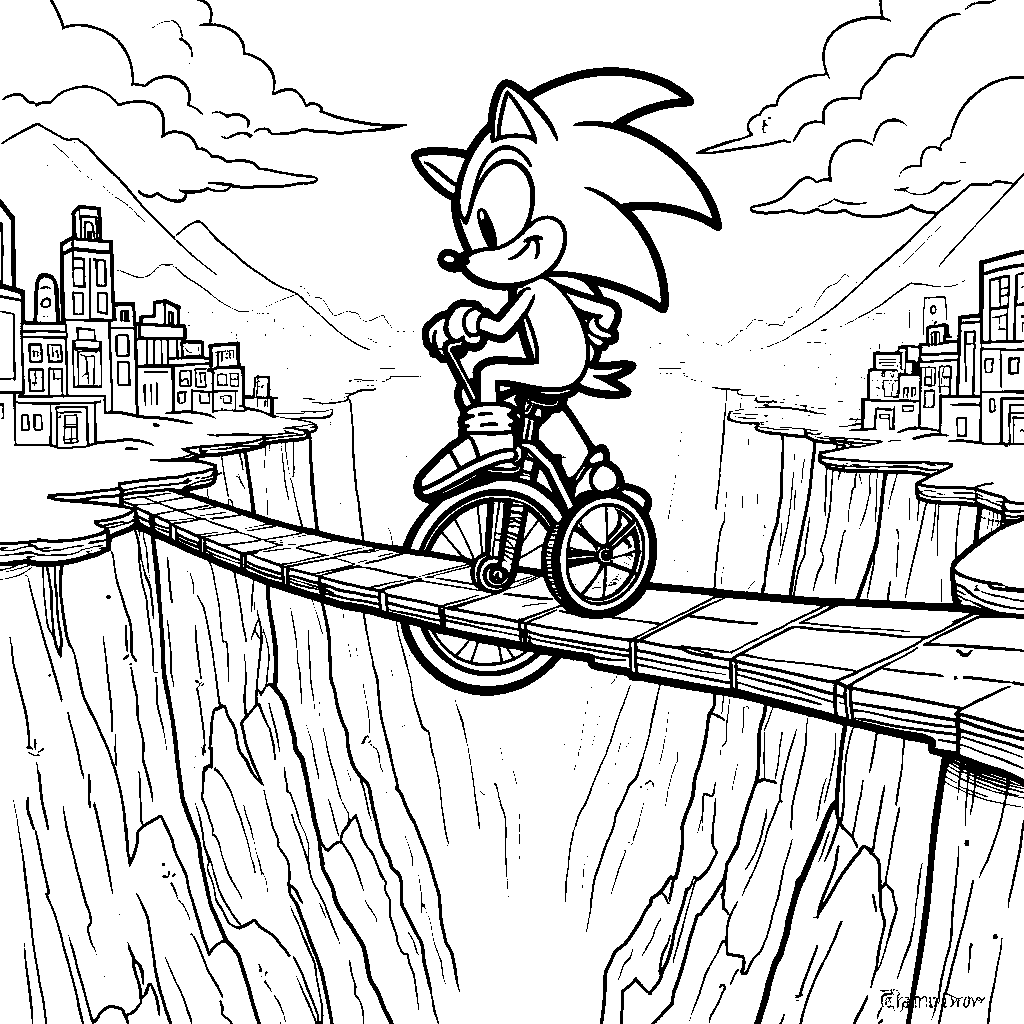 Sonic riding a unicycle on a tightrope over a deep chasm