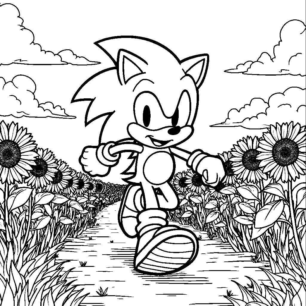 Sonic running through a field of sunflowers on a sunny day