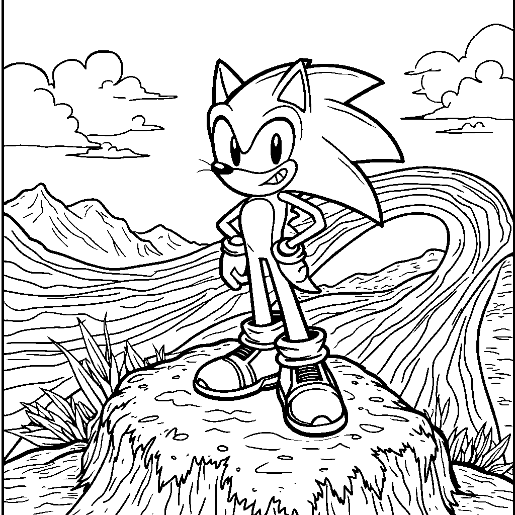 Sonic standing on a hill with a rainbow-colored trail behind him