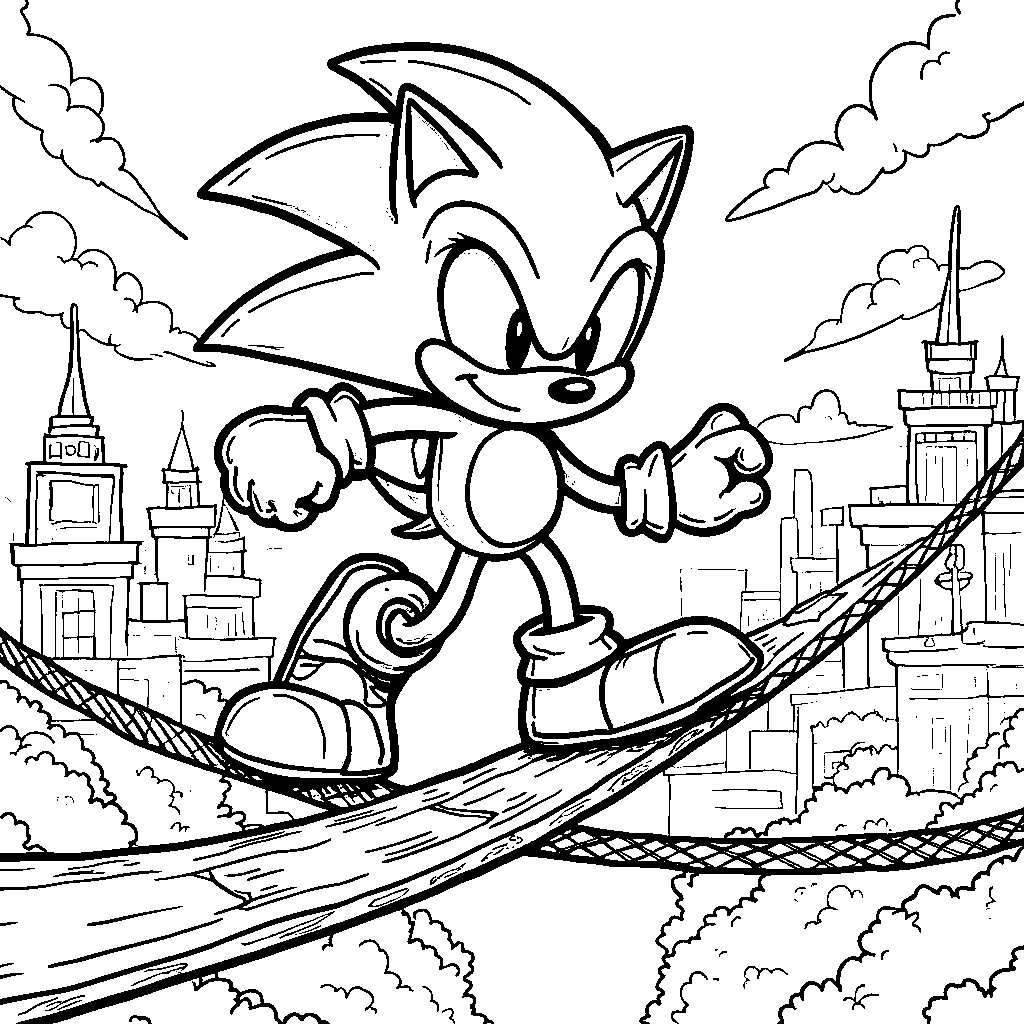 Sonic standing on one foot, balancing on a tightrope