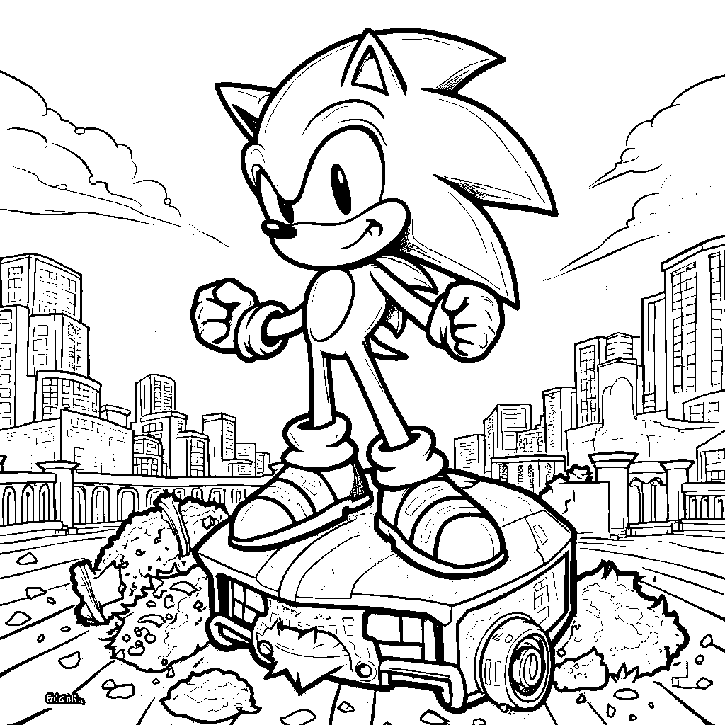 Sonic standing victorious on top of a defeated robot