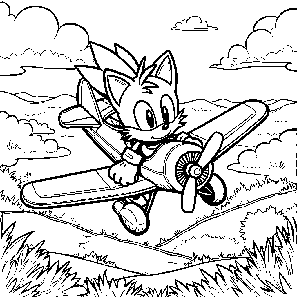 Tails flying his biplane over a sunny landscape