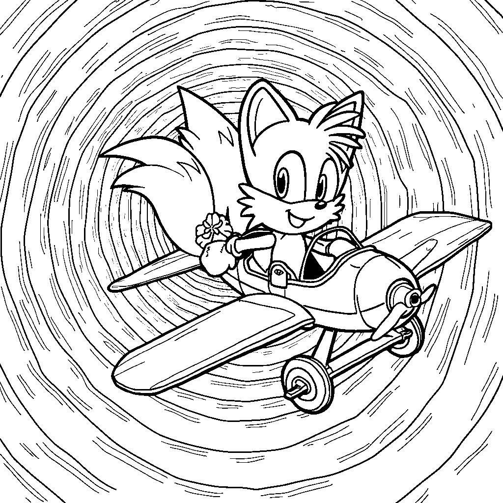 Tails flying his biplane through a tunnel of rings