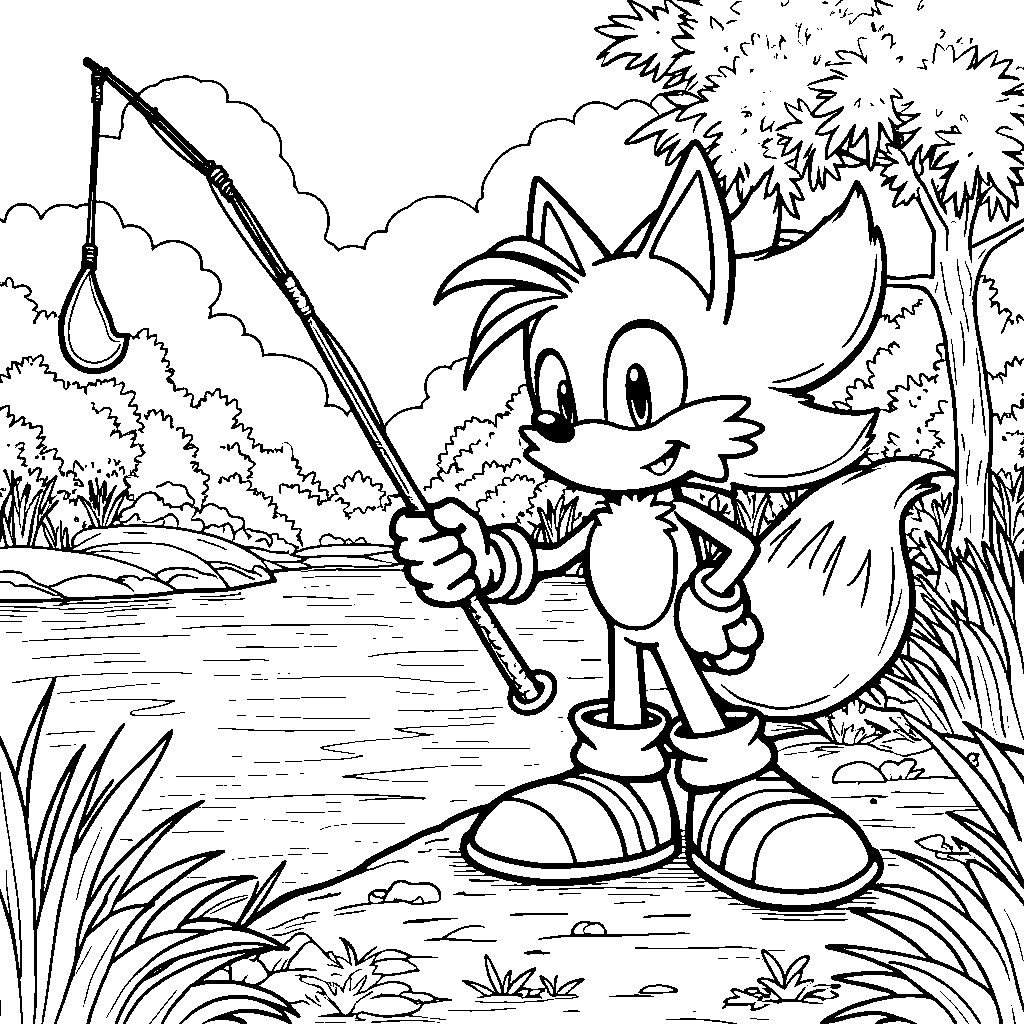 Tails holding a fishing rod, waiting for a catch