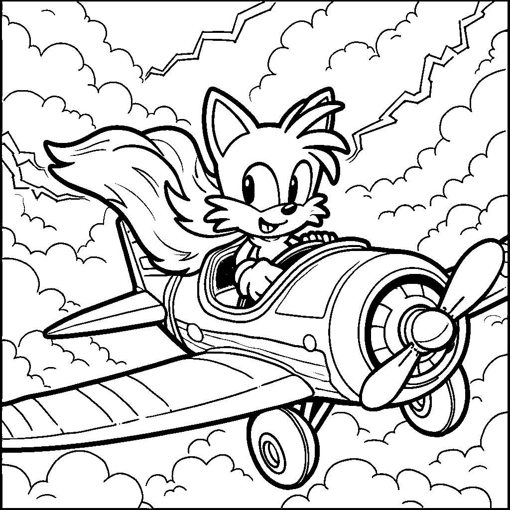 Tails piloting the Tornado biplane through a stormy sky