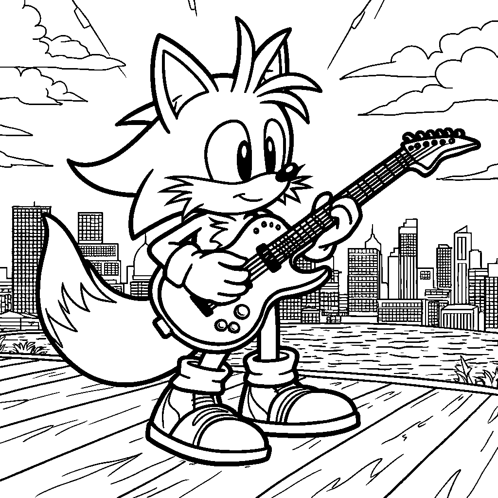 Tails playing a guitar in front of a city skyline