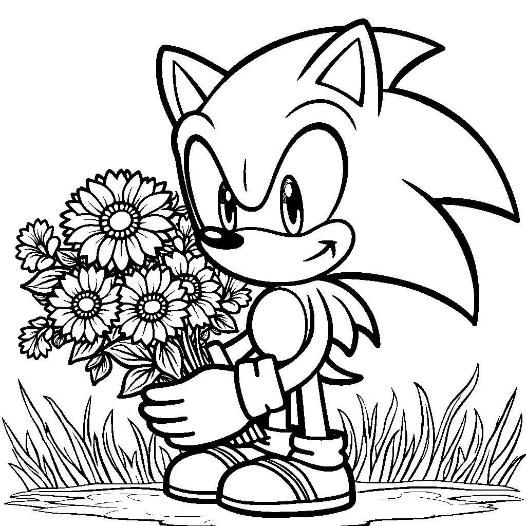 Sonic holding a bouquet of flowers