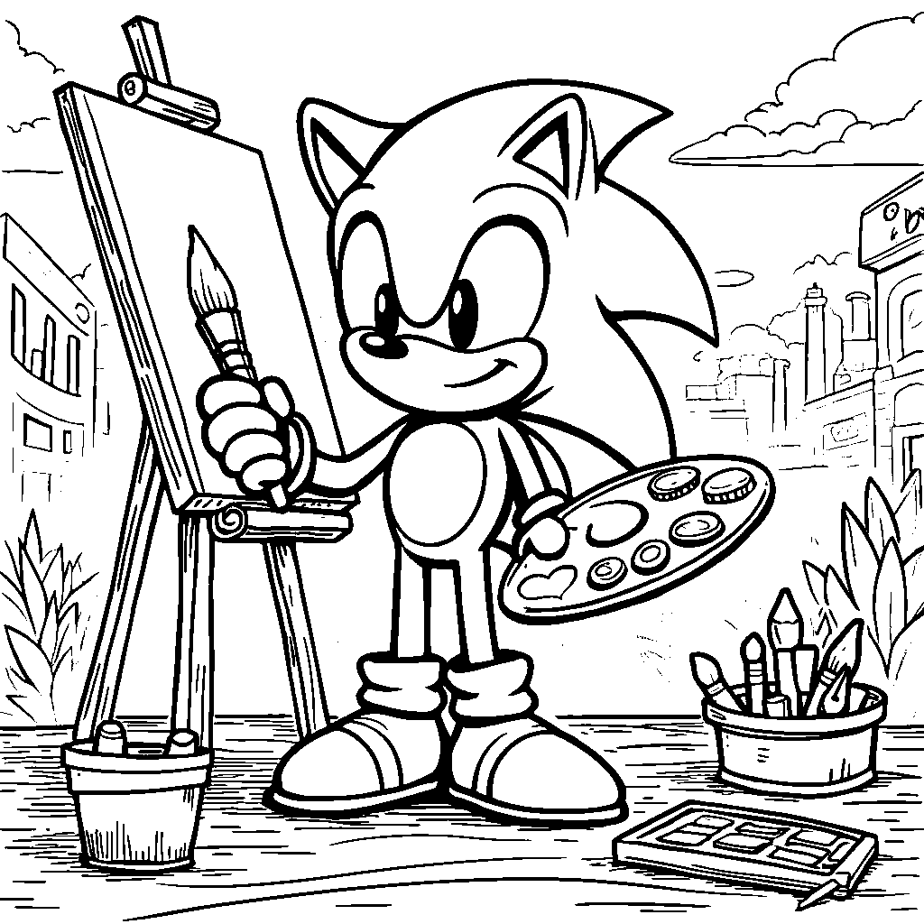 Sonic holding a paintbrush and palette