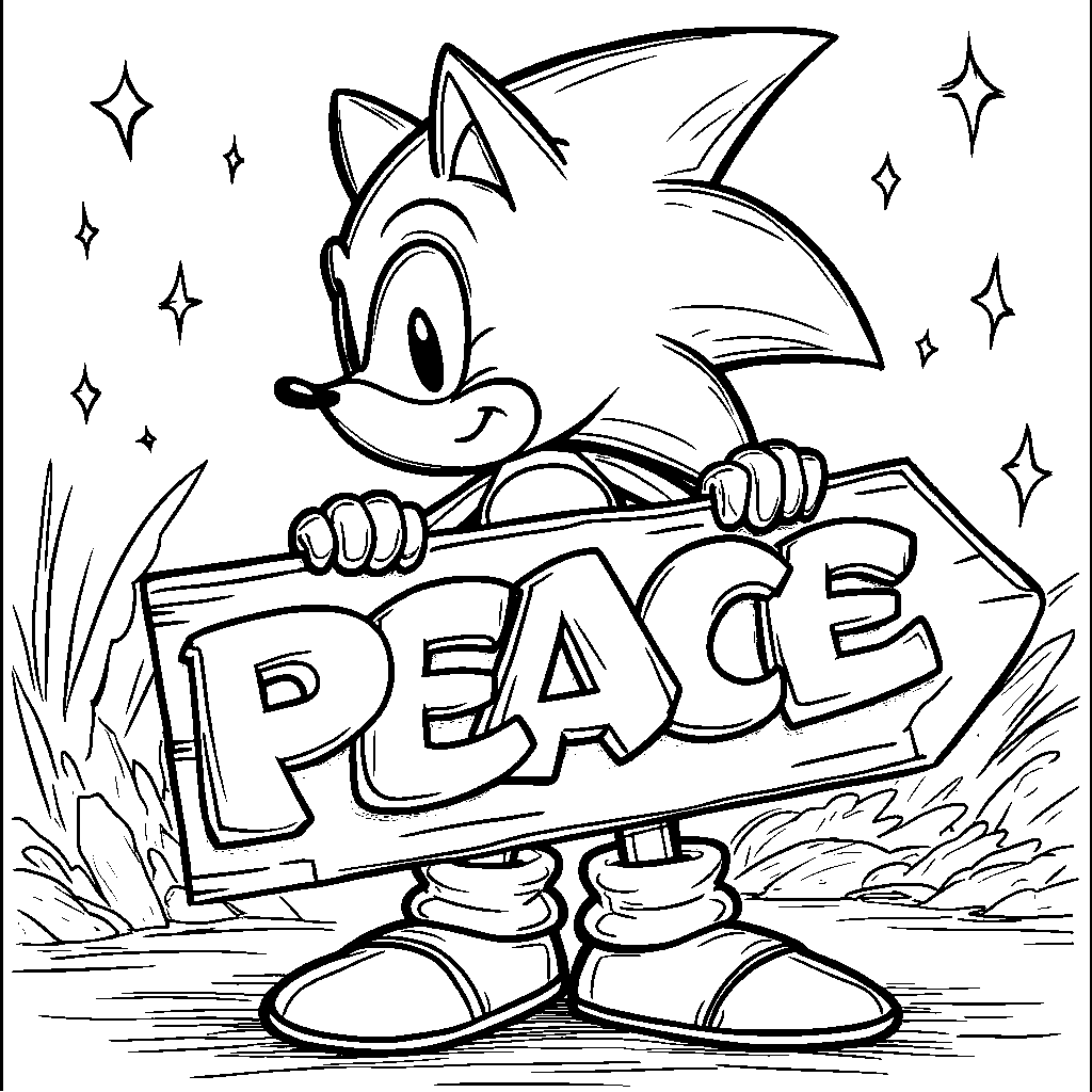 Sonic holding a sign that says 'Peace'