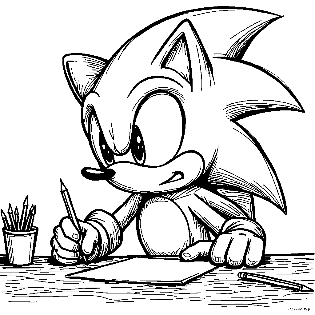 Sonic sitting at a desk with a pencil and paper