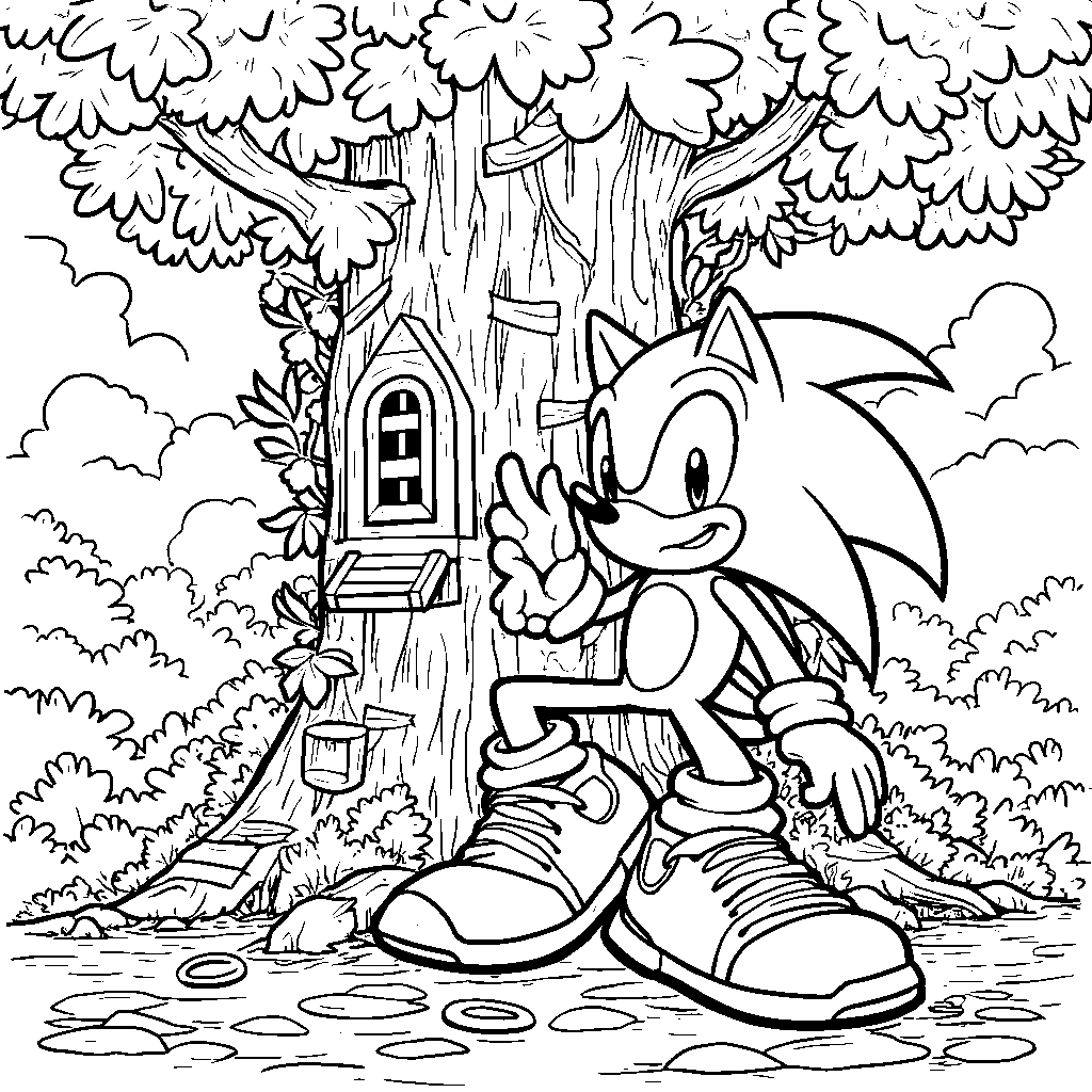 Sonic sitting in a treehouse