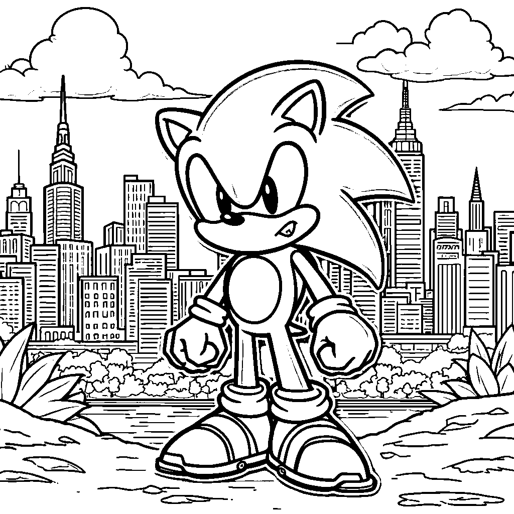 Sonic standing in front of a city skyline