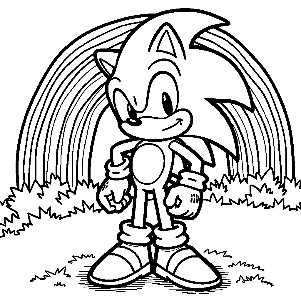 Sonic standing in front of a rainbow