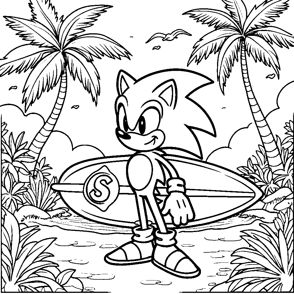 Sonic standing on a beach with a surfboard