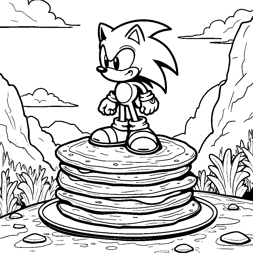 Sonic standing on top of a giant stack of pancakes