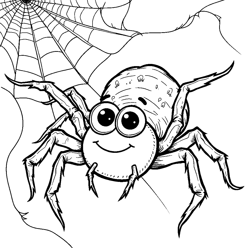 A friendly cartoon spider with big eyes and a smile, hanging from a web