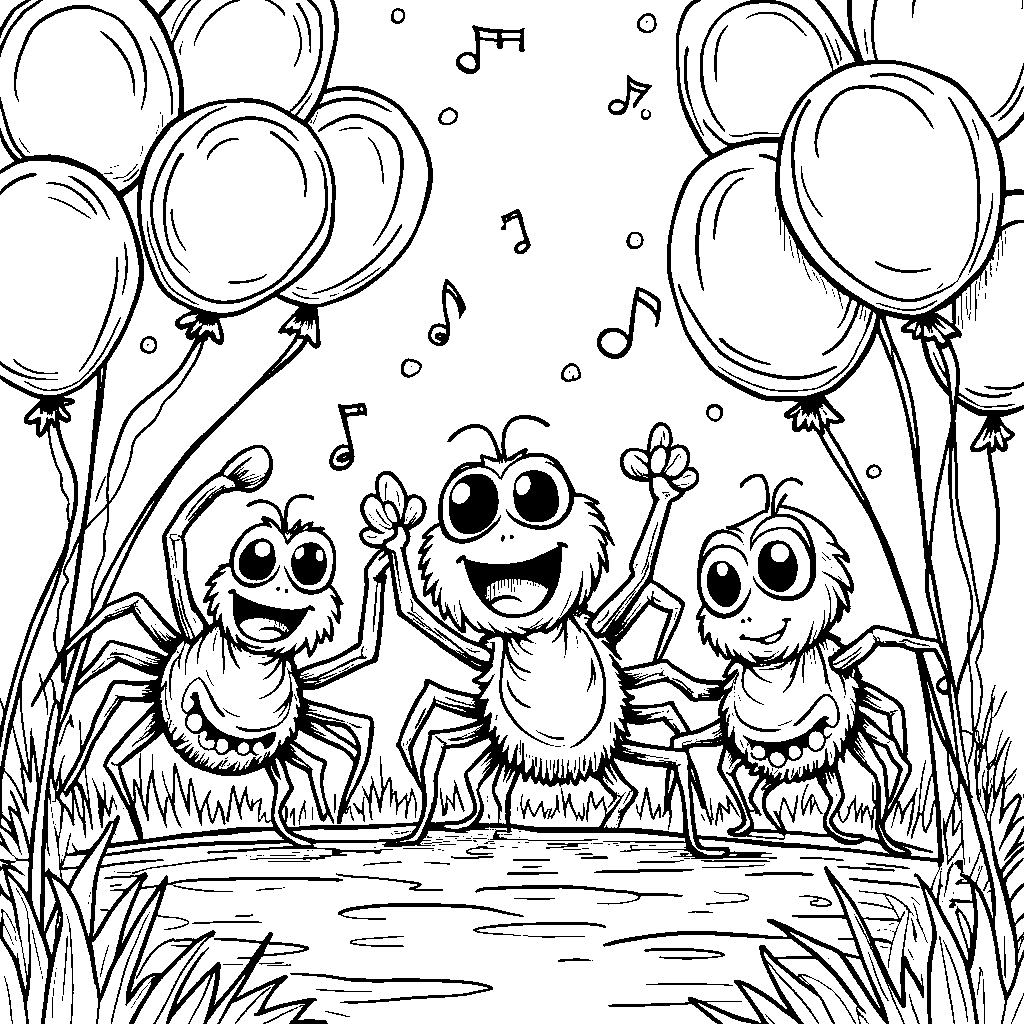 A group of spiders dancing at a party with balloons and music notes