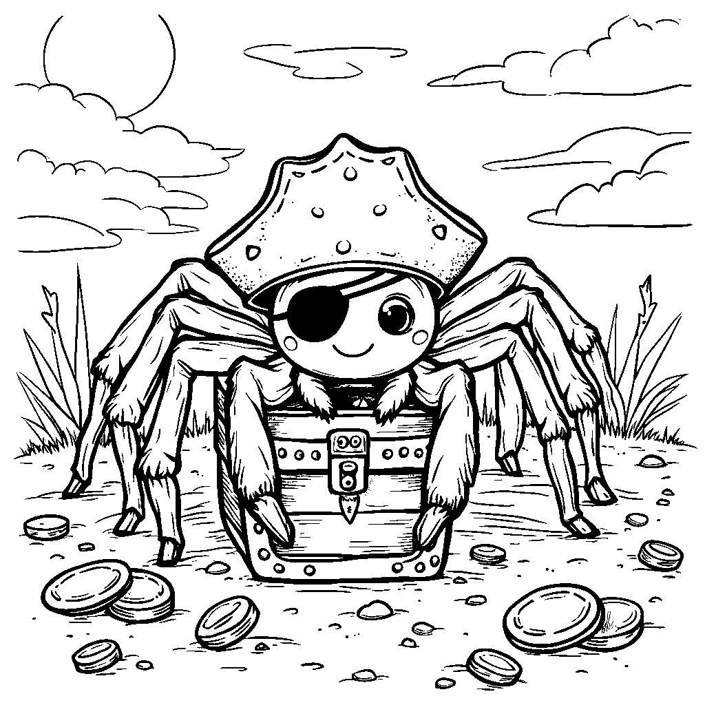 A pirate spider exploring treasure hidden in the sand.