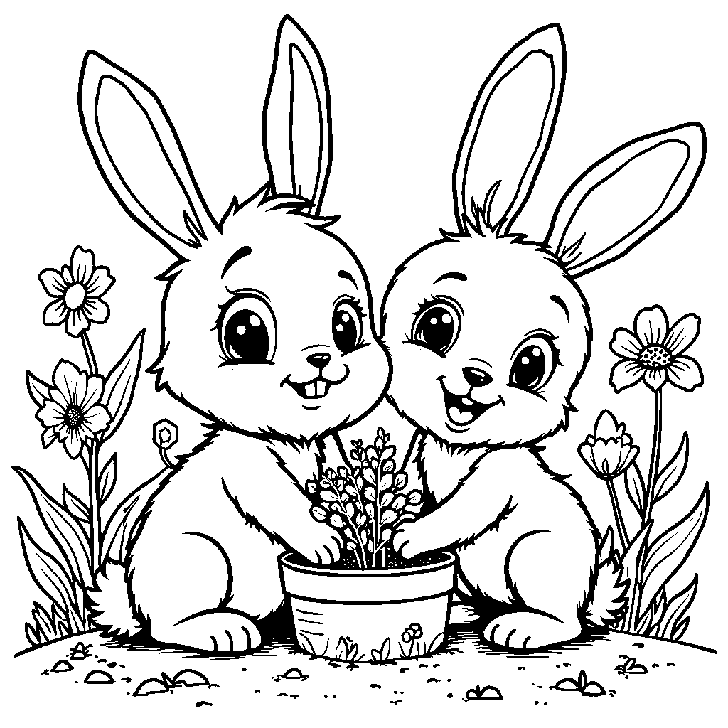 A Spider and a Bunny Planting Flowers Together in a Garden