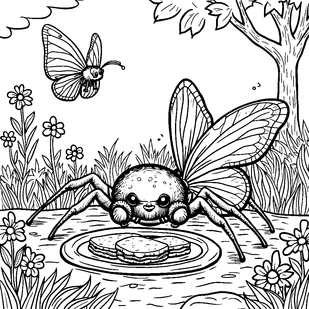 A spider and a butterfly enjoying a picnic on a sunny day