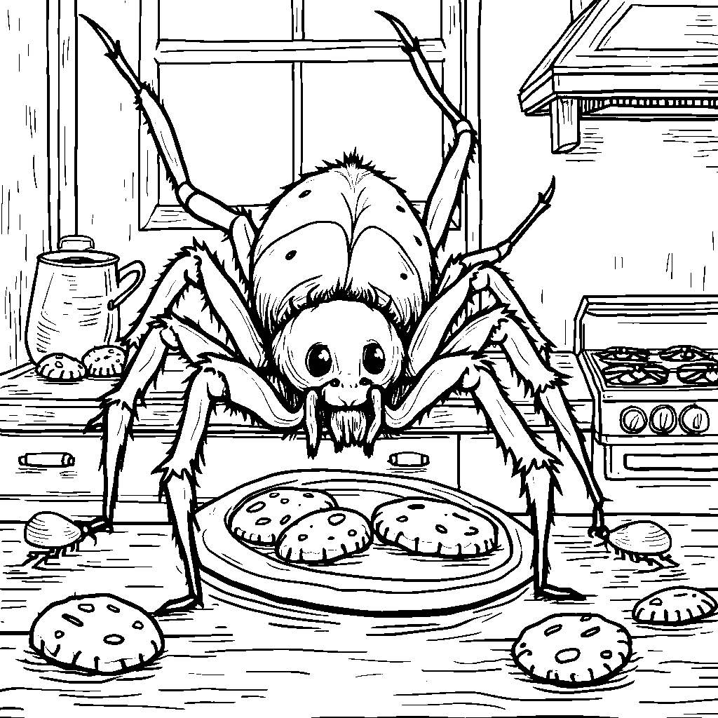 A spider baking cookies in a kitchen with other bug friends