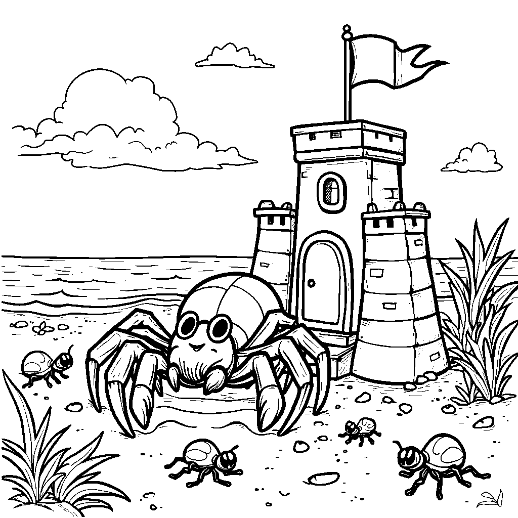 A spider building a sandcastle with tiny friends