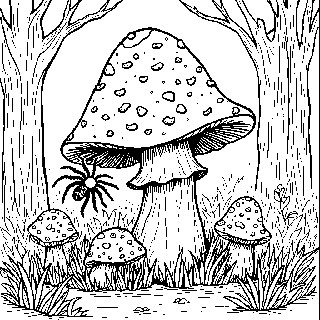 A spider climbing over a colorful mushroom in a whimsical forest