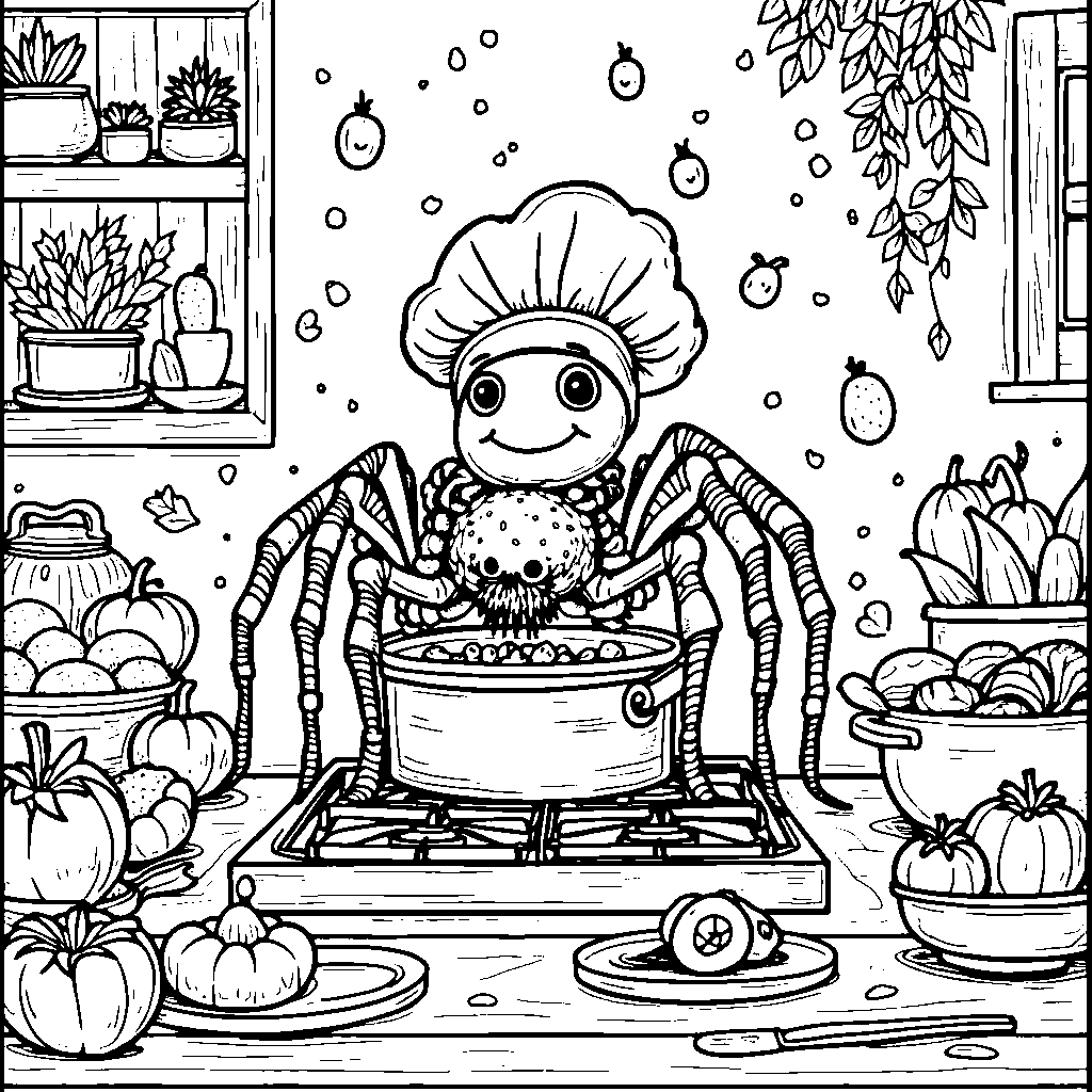 A spider cooking in a kitchen with vibrant fruits and vegetables