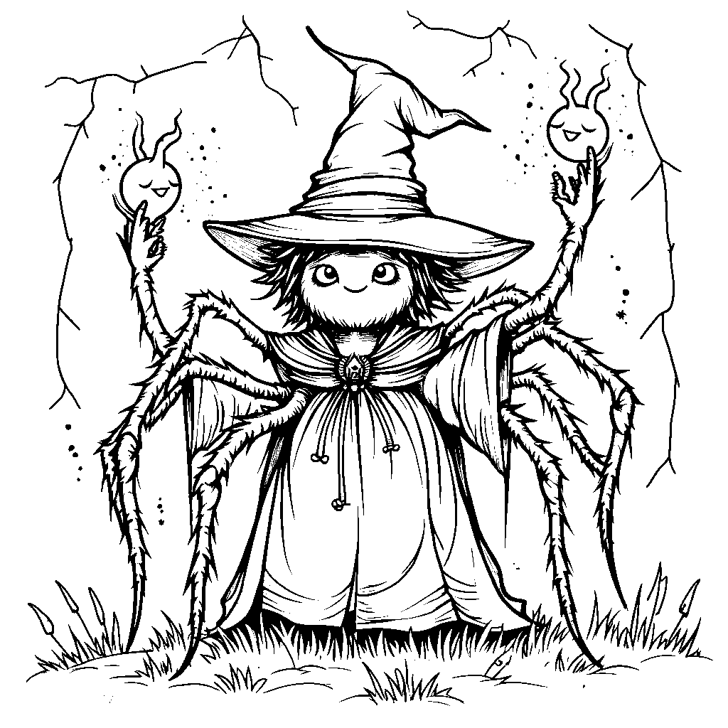 A spider dressed as a wizard casting fun spells