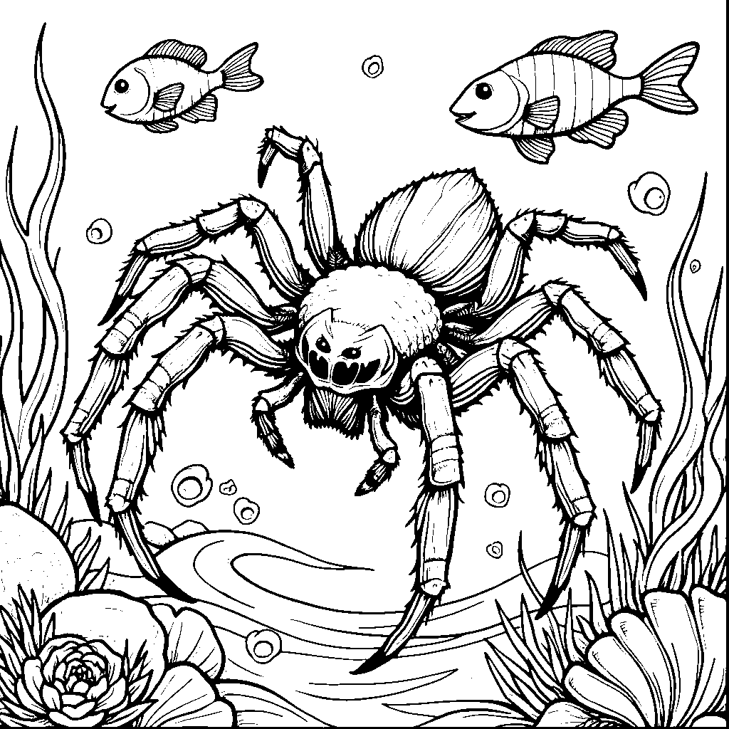 A spider exploring underwater with fish and seashells