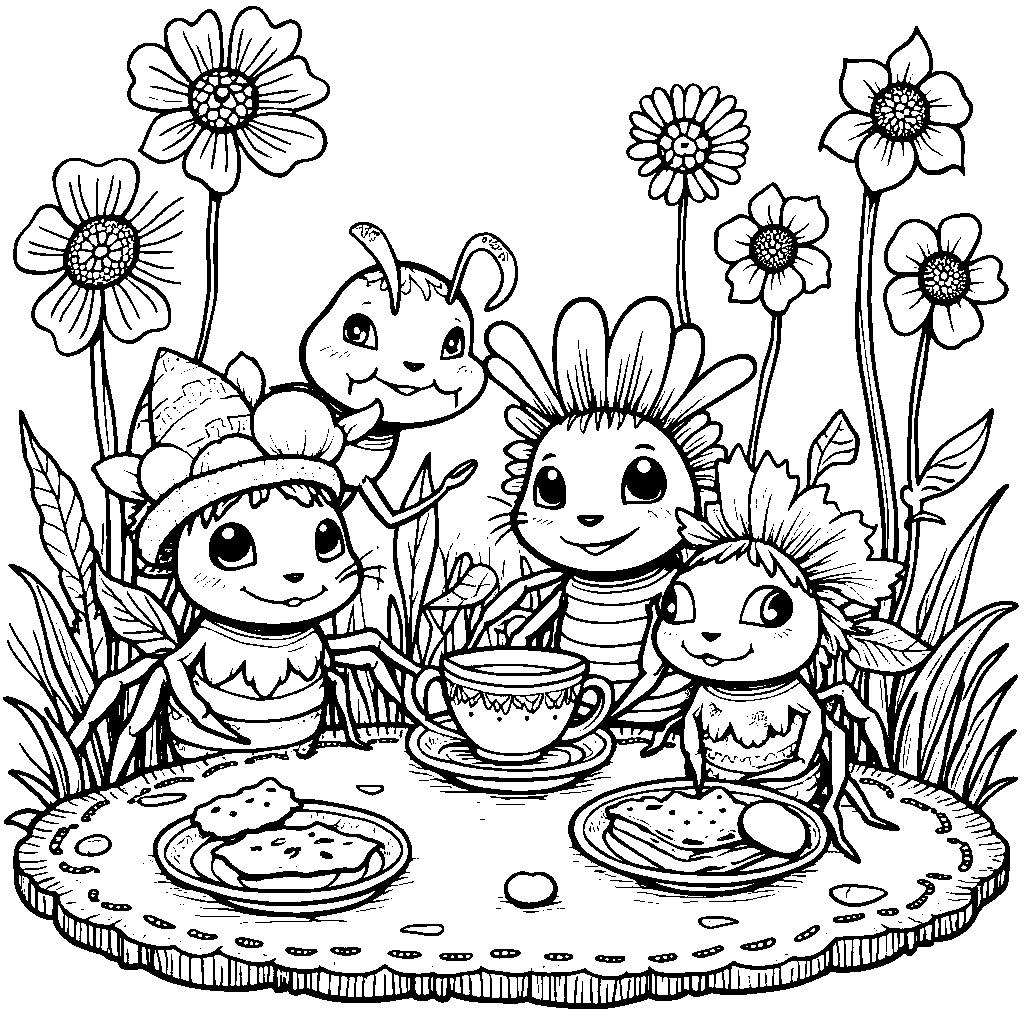 A spider having a tea party with other insects, with flowers and snacks