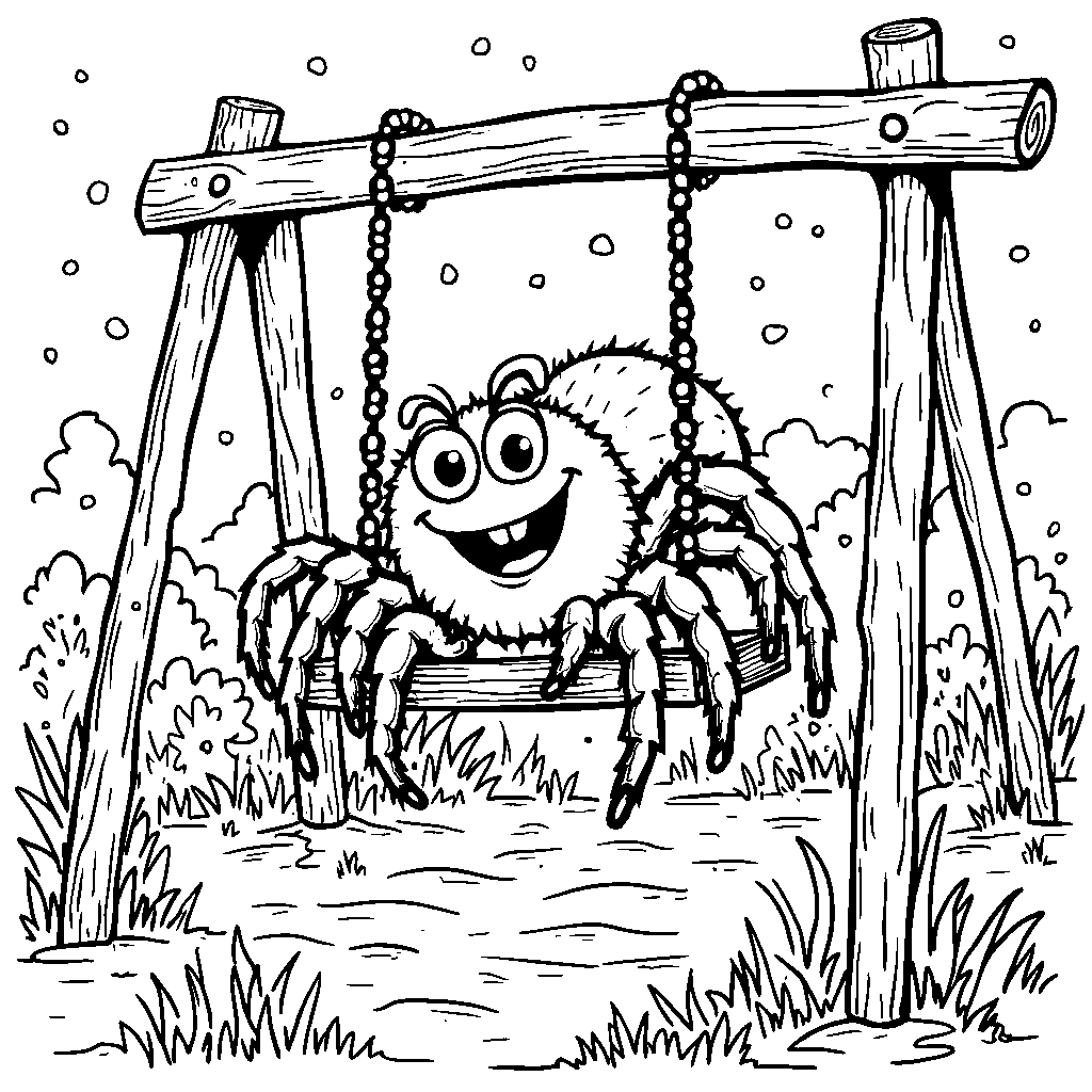 A spider having fun on a playground swinging on swings