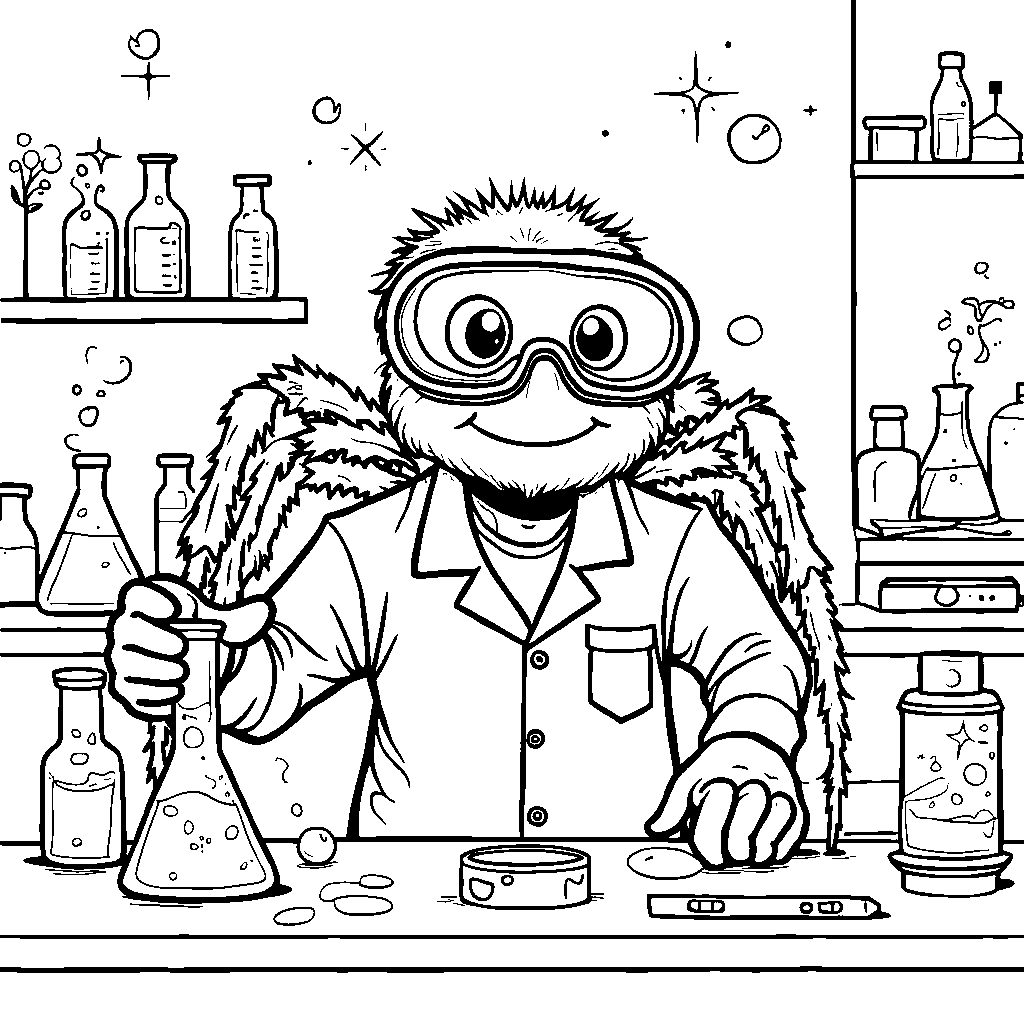 A spider in a science lab doing experiments with beakers