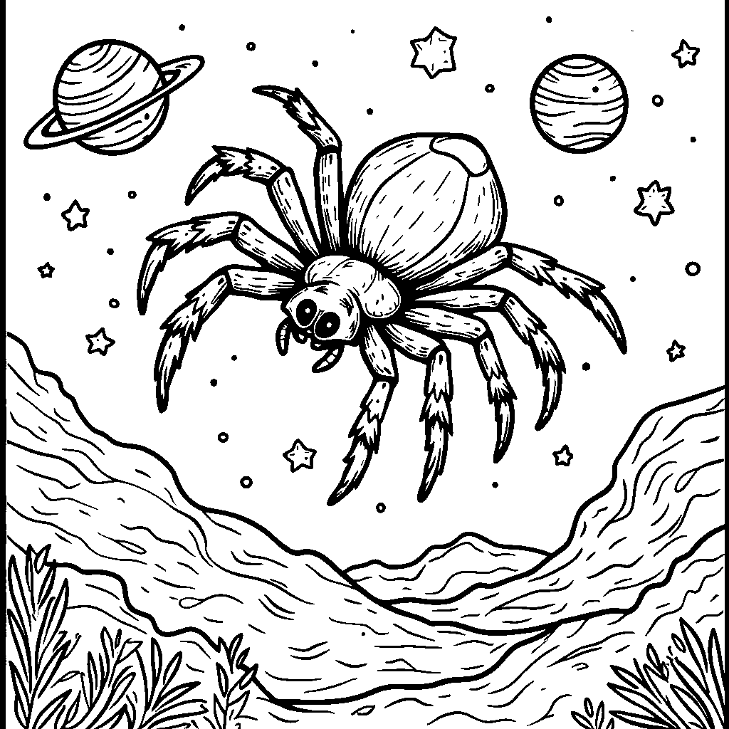 A spider in space exploring planets and stars