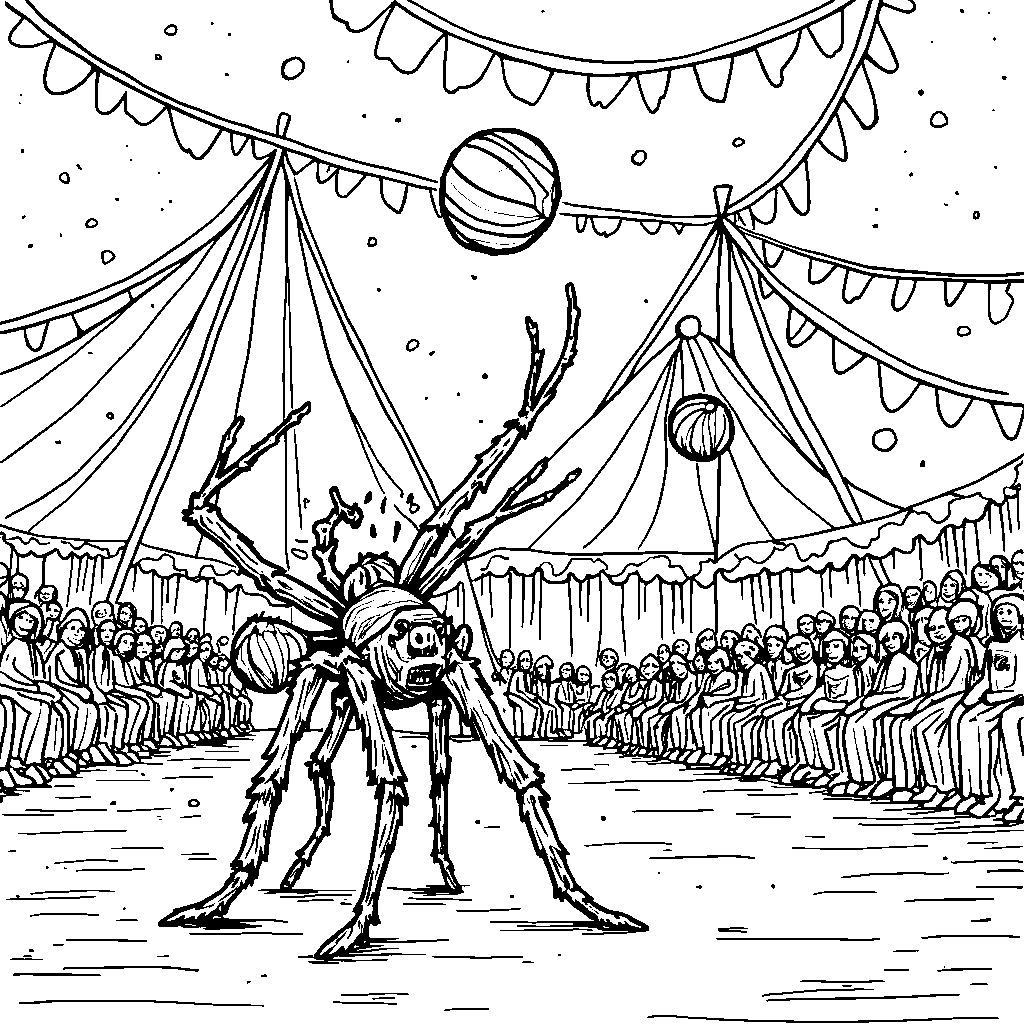 A spider juggling colorful balls in a circus setting