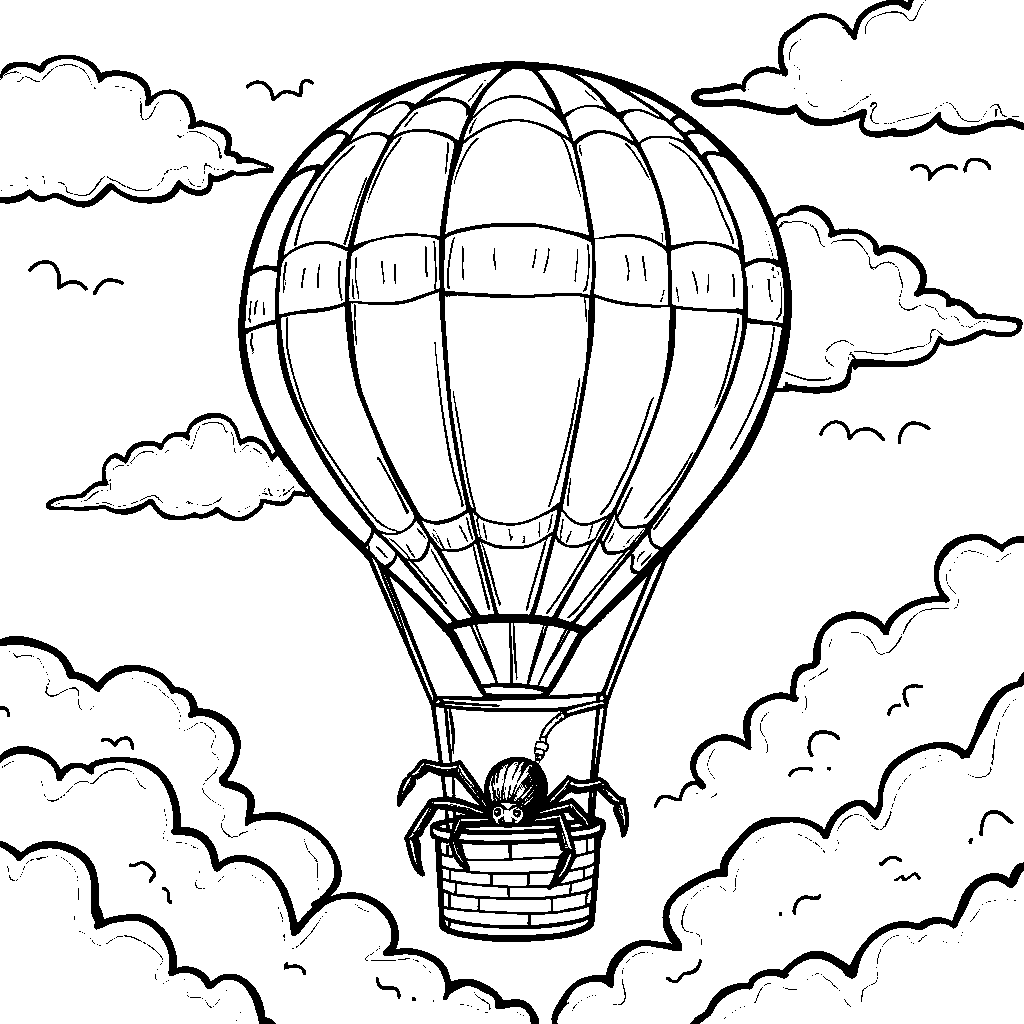 A spider on a hot air balloon floating in the clouds