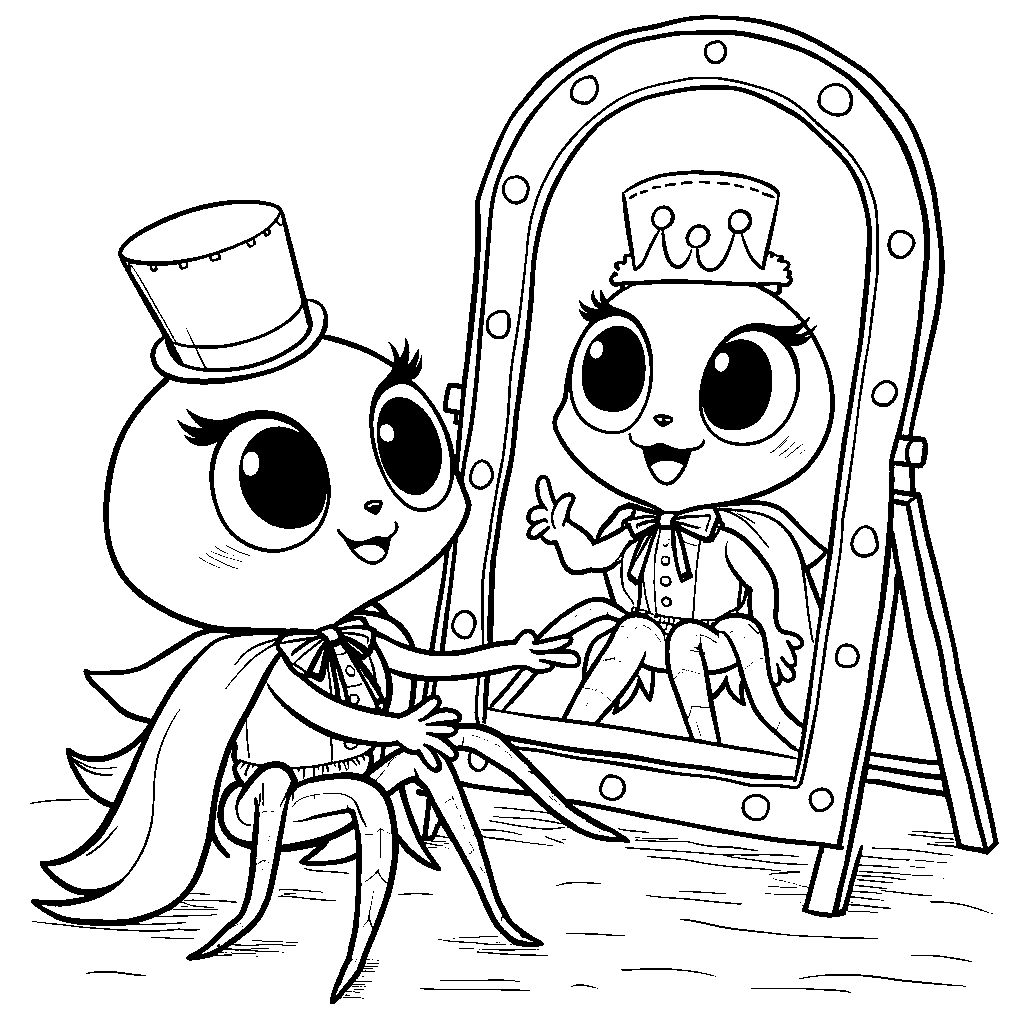 A spider playing dress-up with various costumes in front of a mirror