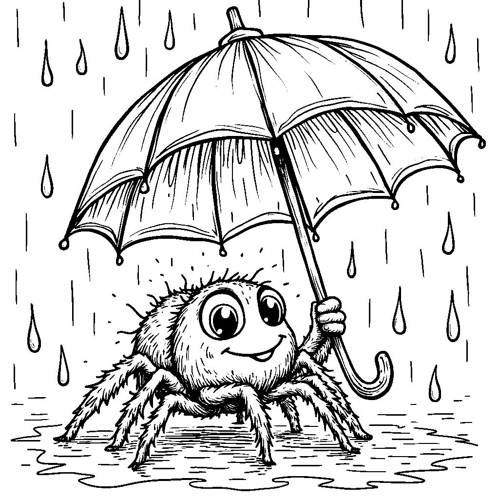 A spider playing in the rain with a colorful umbrella