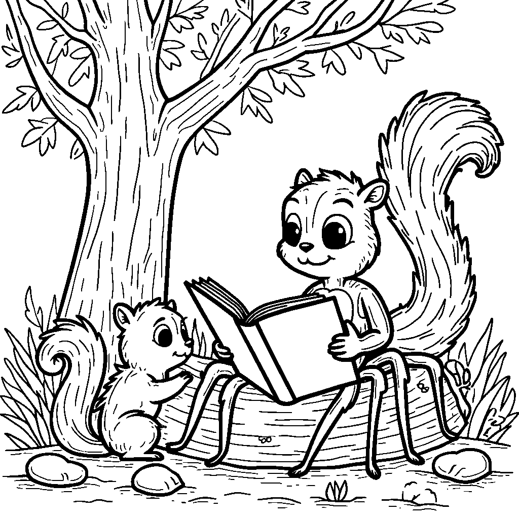 A spider reading a book under a tree with a squirrel friend