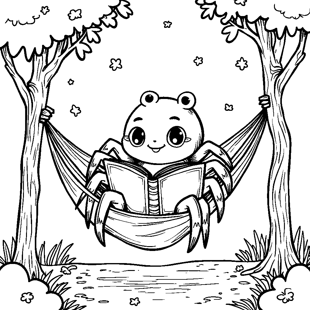 A spider relaxing in a hammock with a good book