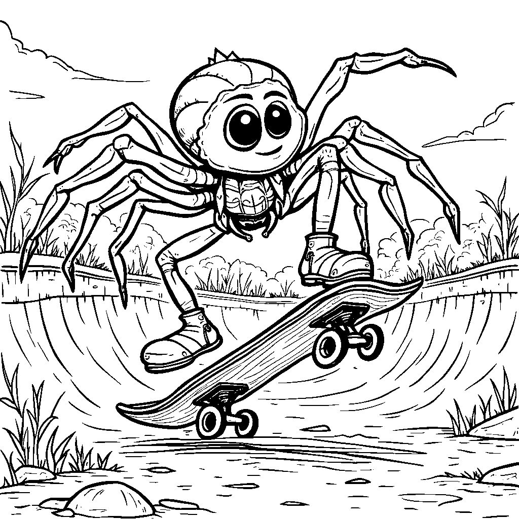 A spider riding a skateboard and doing tricks