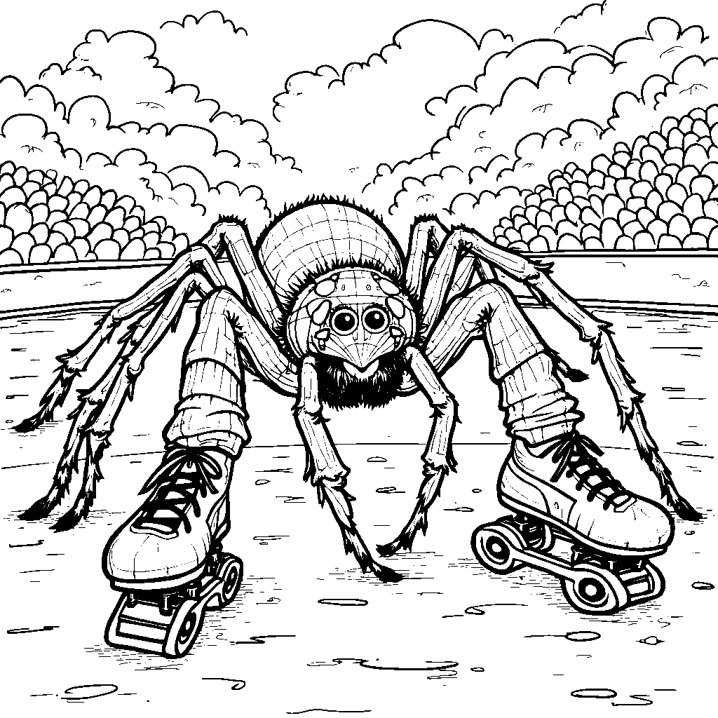 A spider roller skating at a roller rink with friends