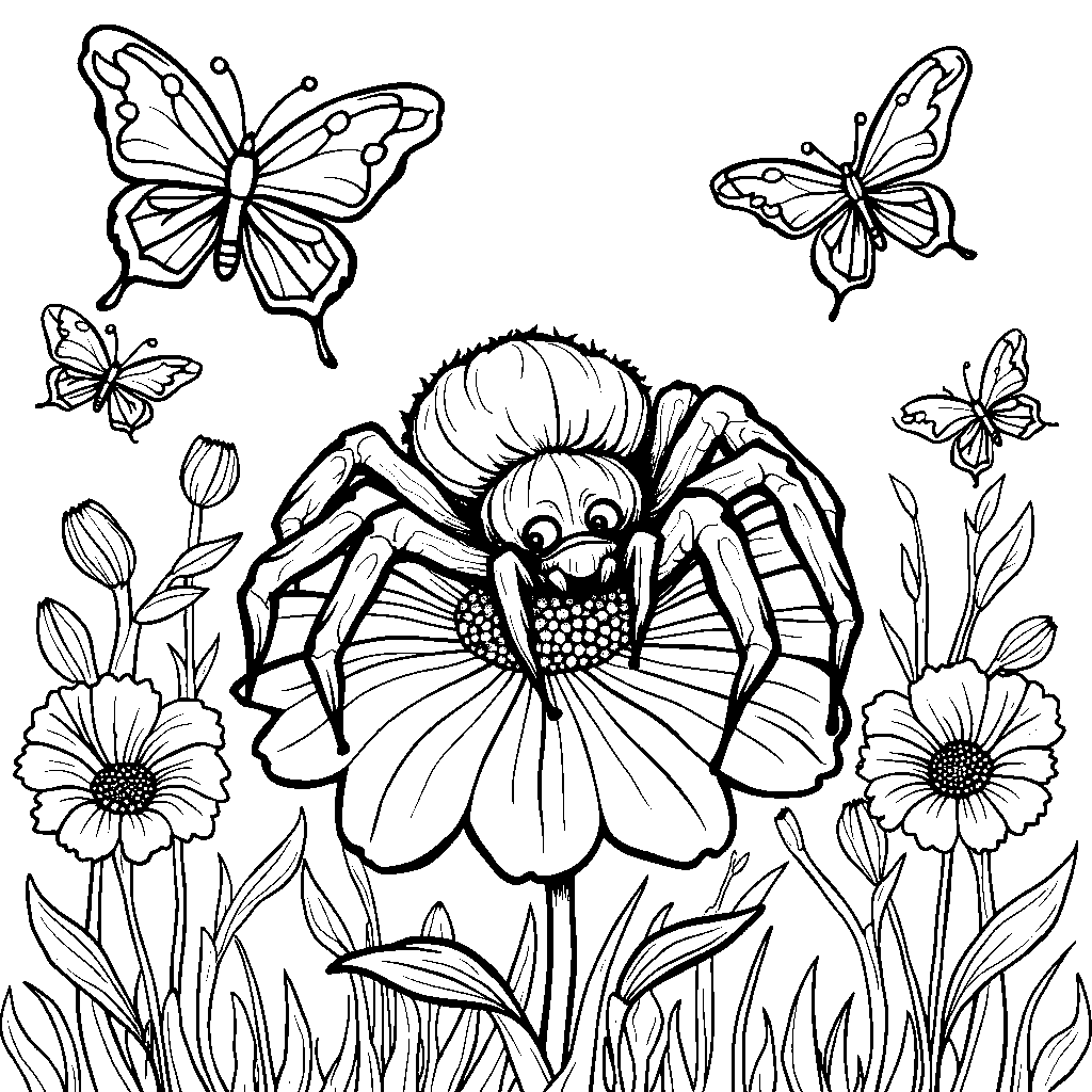 A spider sitting on a giant flower with butterflies fluttering around