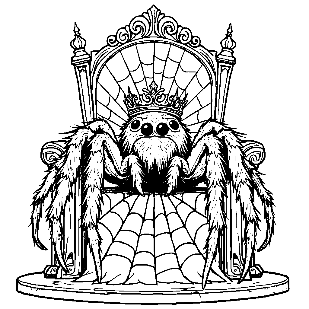 A spider wearing a crown, sitting on a throne made of web